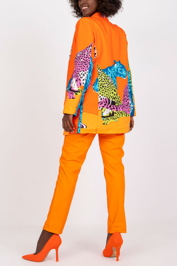 Leopard Print Contrast Slim Fit Long Blazer