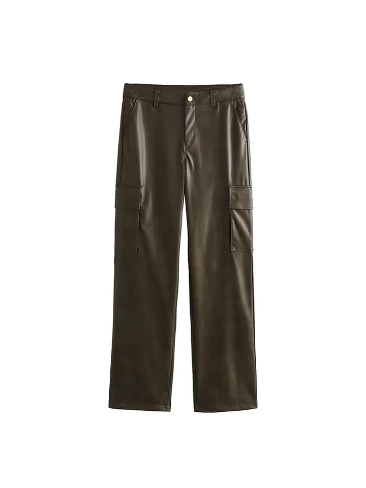 PU Leather Cargo Olive Green Pants