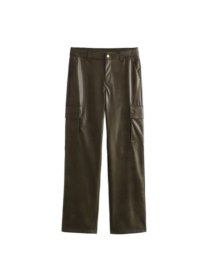 PU Leather Cargo Olive Green Pants