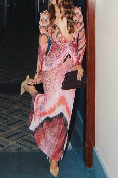 Sexy V-neck Floral Print Long Sleeve Bodycon Maxi Dress