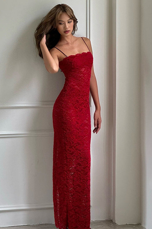 Elegant Red Lace Strapless Cami Bodycon Maxi Dress