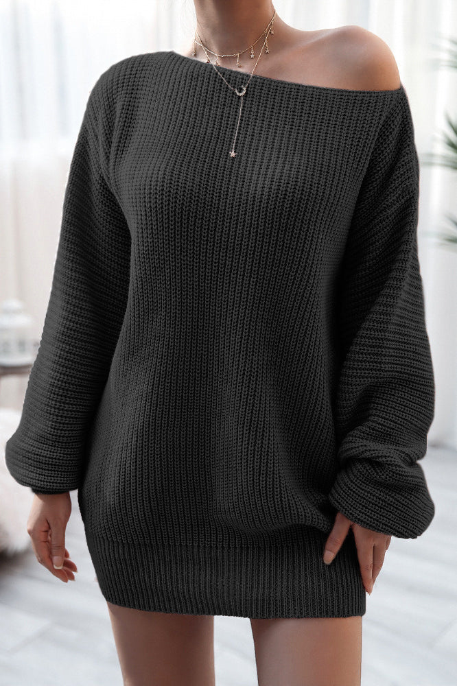 Boat Neck Off Shoulder Oversized Balloon Sleeve Ribbed Knit Mini Sweater Dress