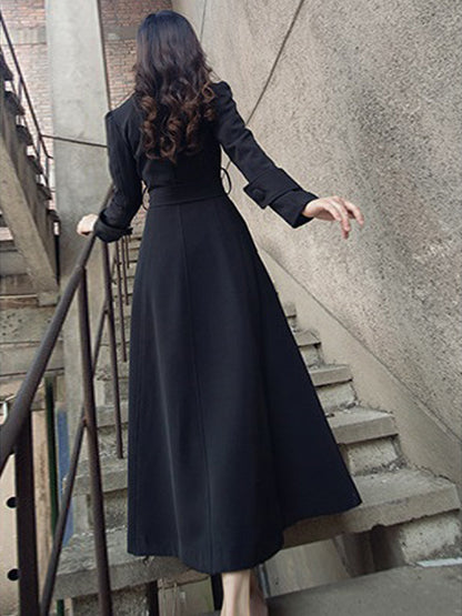 Trench Coats For Woman Red V Neck Long Sleeves Sash Stretch Casual Full Length Coat