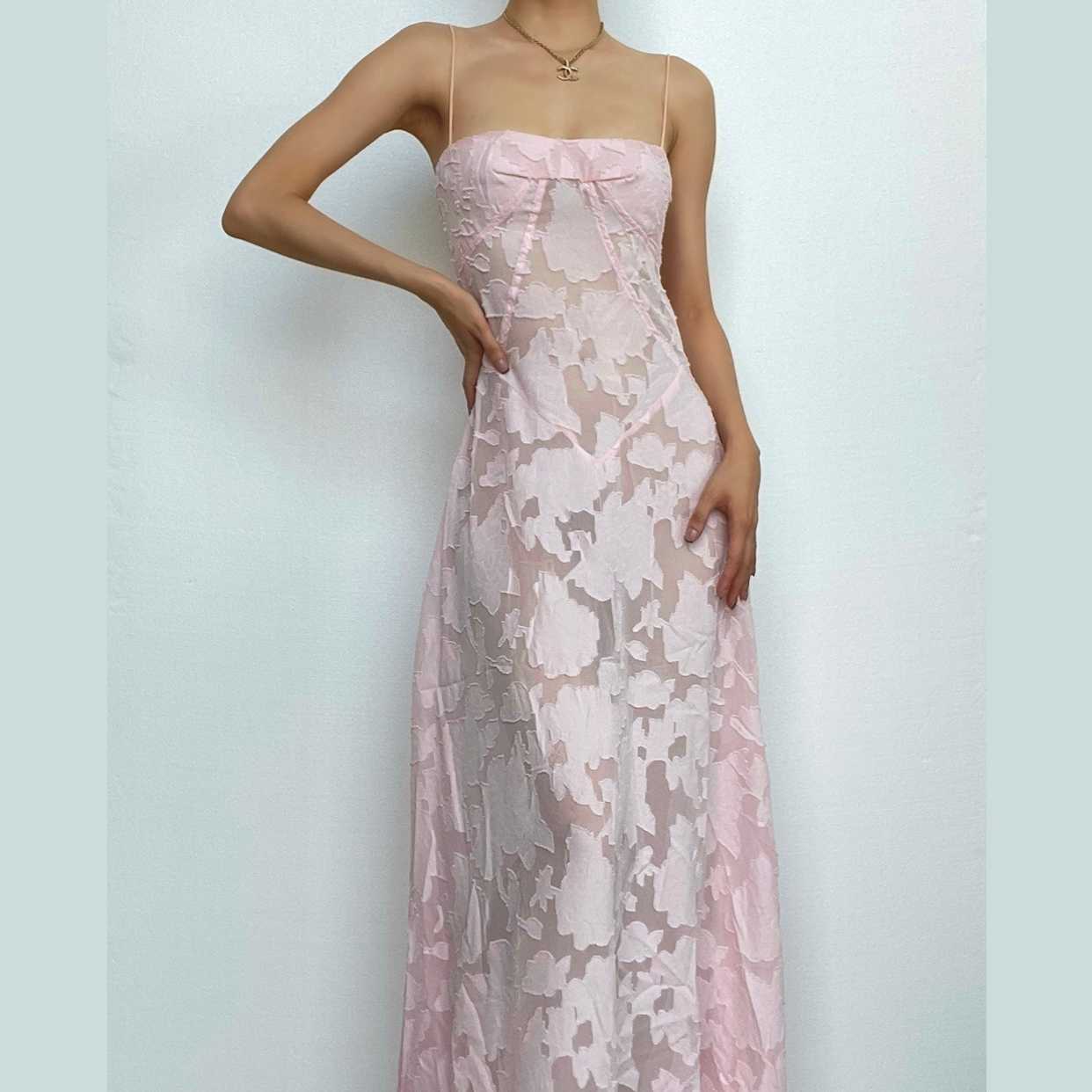 Square Neck Floral Jacquard Burnout Spaghetti Strap Backless Maxi Dress