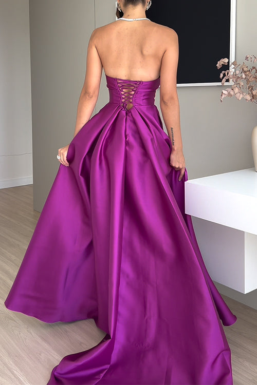 Strapless Lace-up High Slit Satin Maxi Party Dress