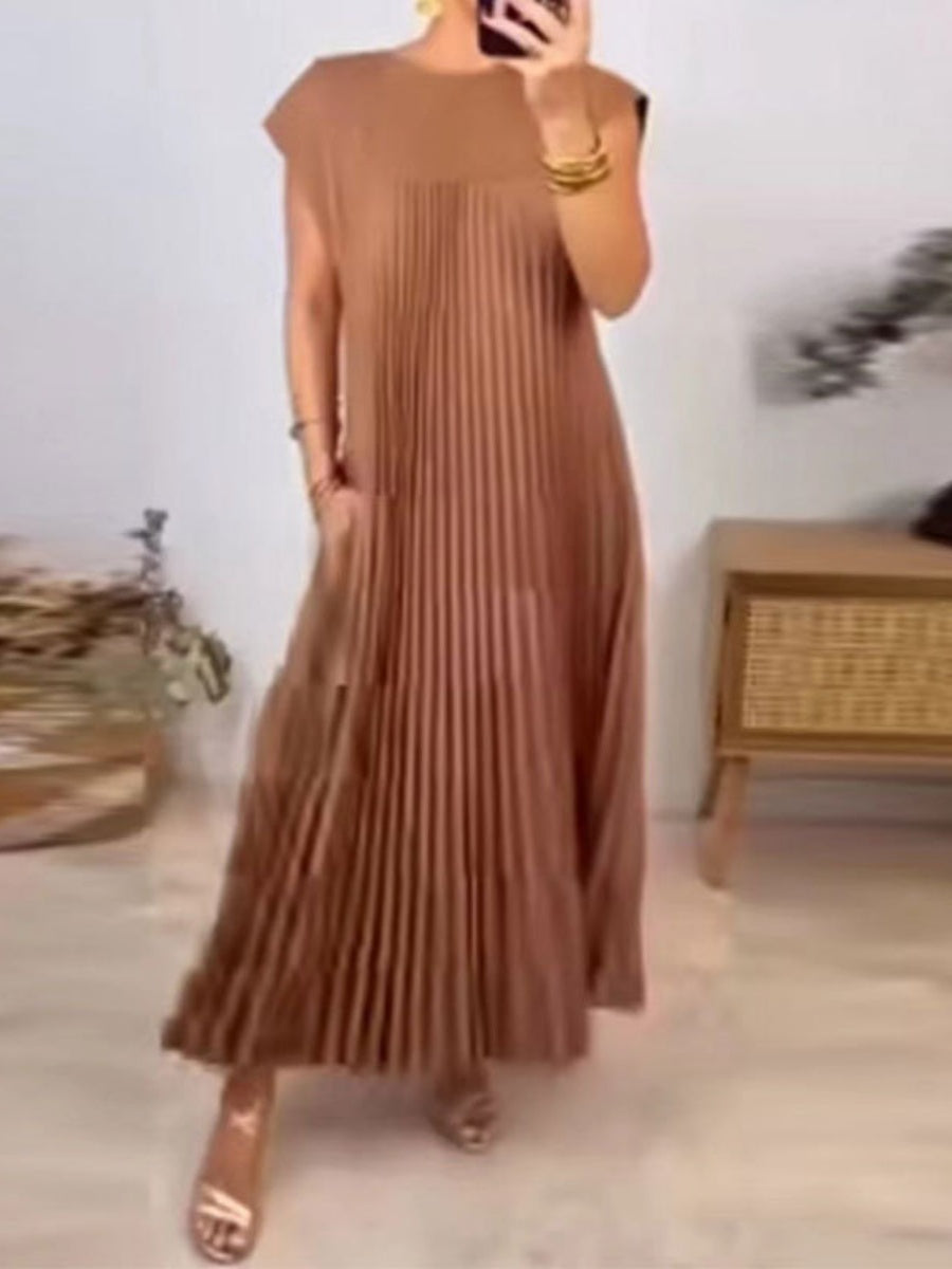Solid Color Round Neck Sleeveless Pleated Long Dress