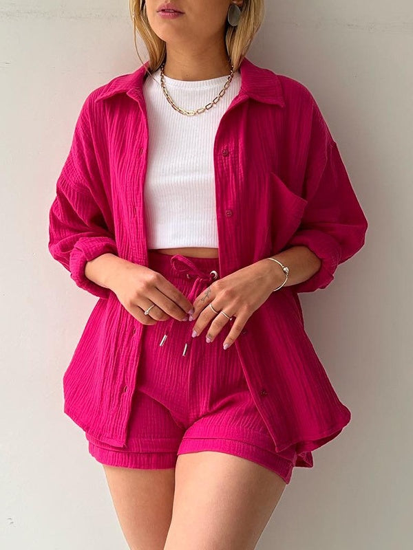 Long-sleeved Shirt And High-waisted Drawstring Shorts Casual Two-piece Set
