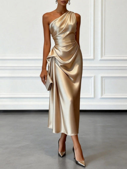 Satin Pleated One Shoulder Grace Formal Dress Maxi Dresses