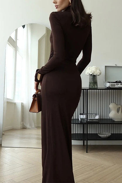 Turtleneck Ruched High Slit Maxi Party Dress