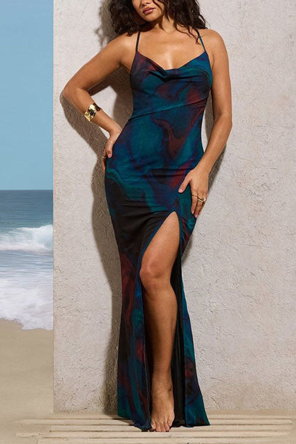 Meridress Cowl Neck Backless Slit Printed Maxi Cami Dress