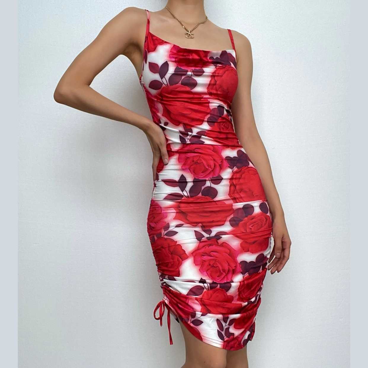 Floral Print Ruched Drawstring Side Spaghetti Strap Midi Dress