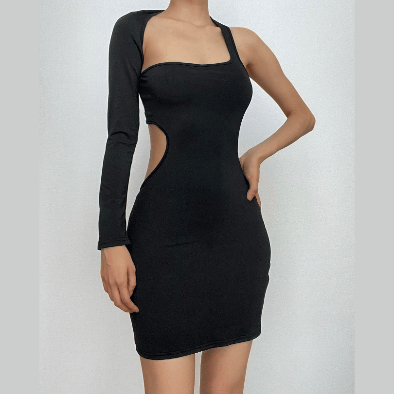 One Shoulder Long Sleeve Waist Cutout Bodycon Mini Dress