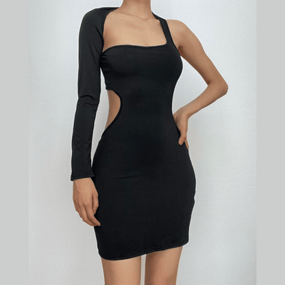 One Shoulder Long Sleeve Waist Cutout Bodycon Mini Dress