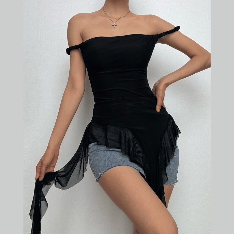 Off shoulder ruffle irregular mesh top