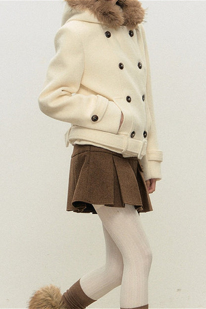 Double Breasted Hooded Waist Cinched Thickened Wool Coat