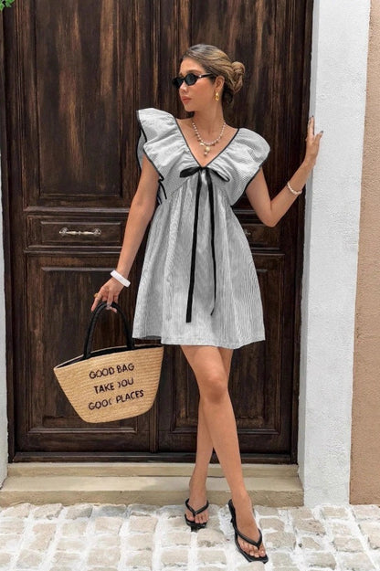 Pinstripe V-Neck Ruffle Flounce Collar Flutter Sleeve Ribbon Bow Mini Dress