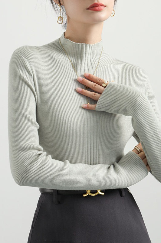 Elegant Apricot Mock Neck Long-Sleeve Pullover Knit Top