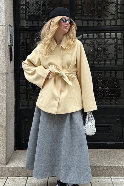 Solid Color Belted Midi Wool Blend Coat
