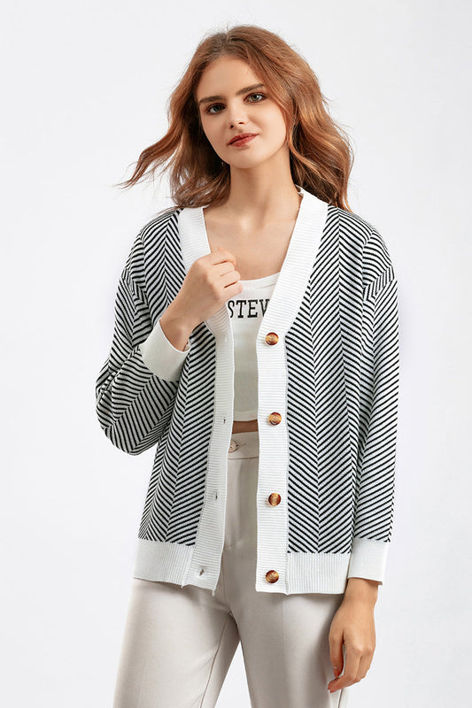 Striped V-Neck Buttoned Knit Sweater