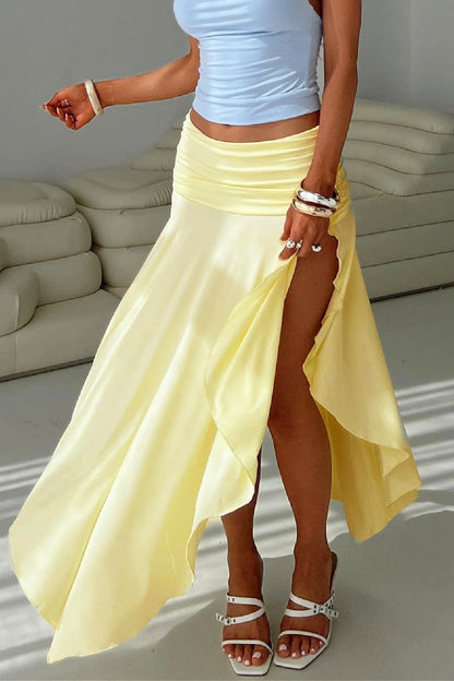 Wrinkled High Waist Asymmetrical Split Skirt