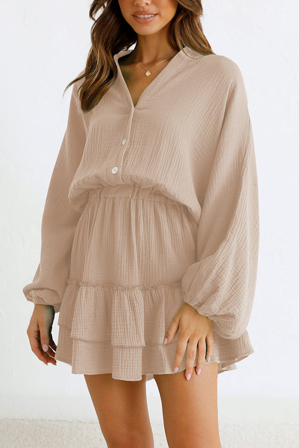 Button Long Sleeve Loose Shirt Dress Elastic Waist Ruffle Skirt