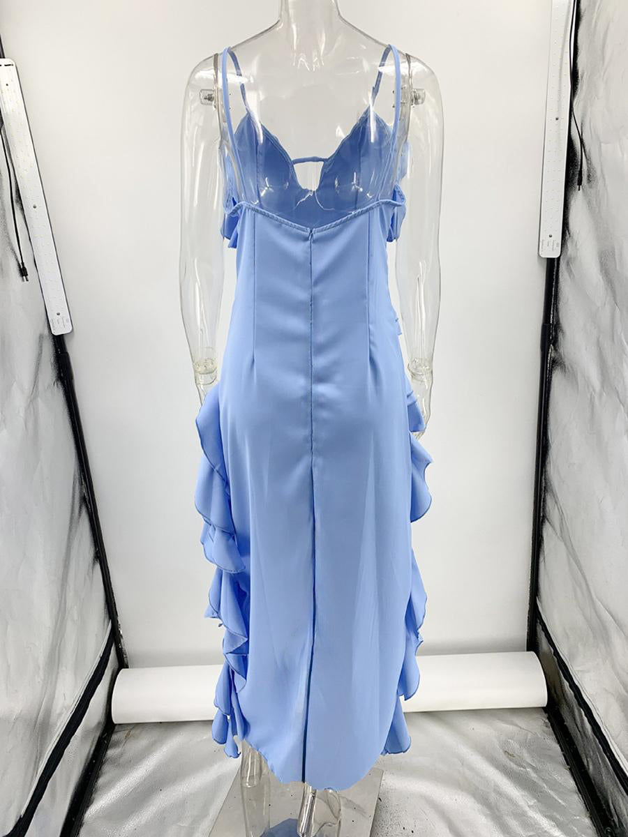 High Low Ruffle Maxi Slip Dress for Wedding Guest - Light Sky Blue V Neck Layered Women Sexy Cocktail Gown - Summer Vacation 2026
