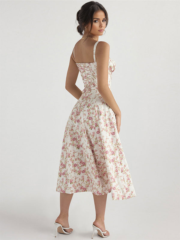 Floral Dress Midi Dress Dresses Floral Print High-slit Straps Neck Sleeveless Cottagecore Summer
