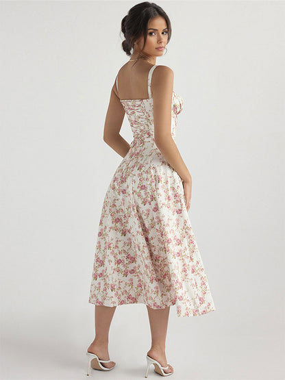 Floral Dress Midi Dress Dresses Floral Print High-slit Straps Neck Sleeveless Cottagecore Summer