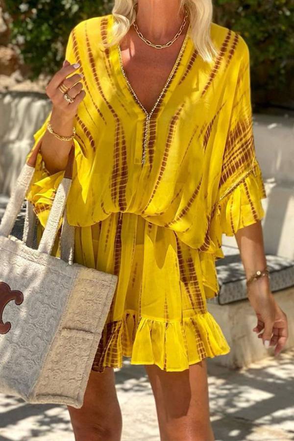Lemon Flavor Tie Dye Ruffle Batwing Sleeve Elastic Waist Kaftan Mini Dress
