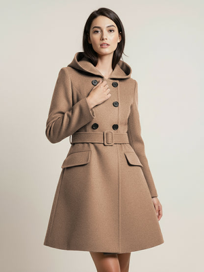 Hooded A-Line Midi Coat With Double-Breasted Design And Belt For Women 2026