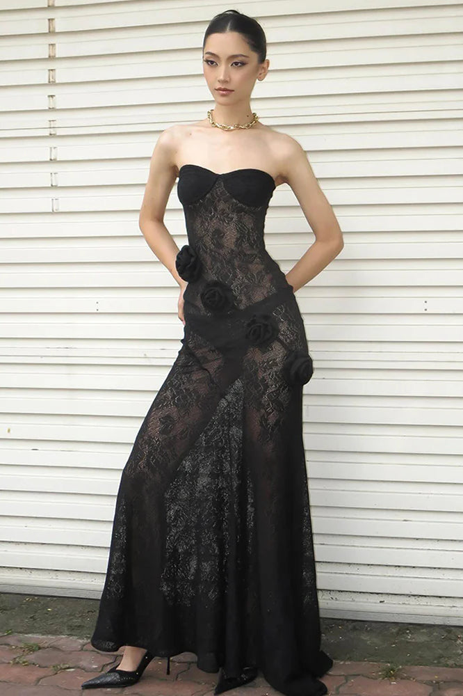 Sheer Lace Strapless 3D Floral Train Maxi Dress