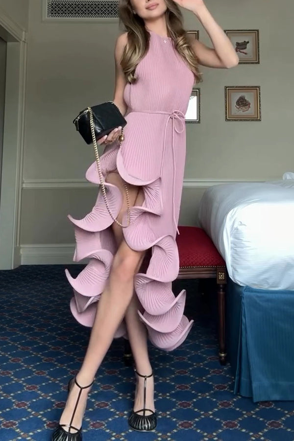 Butter Summer Pleated  Sleeveless Waist Tie Irregular Ruffle Dimensional Hem Midi Dress