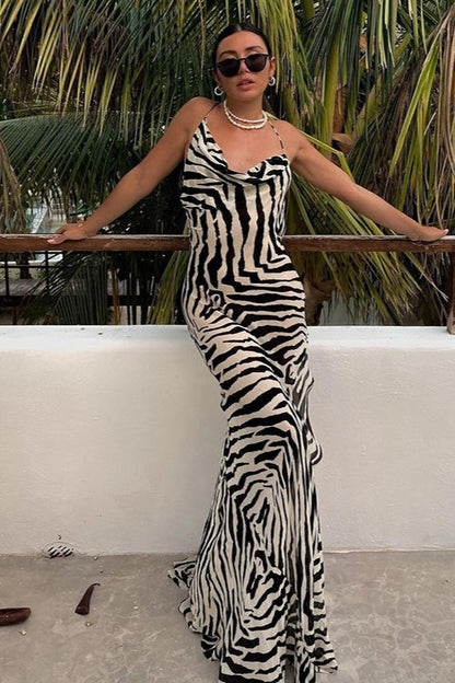 Sheer Zebra Print Tie Waist Maxi Dress