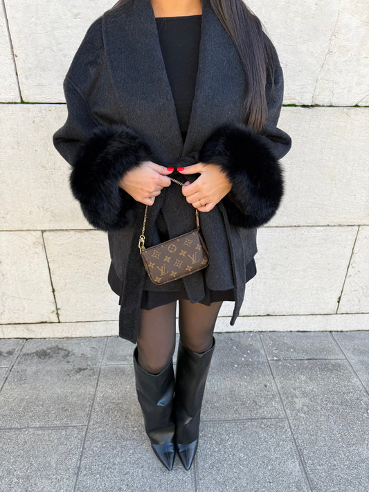 ANTHRACITE WOOL COAT WITH FUR