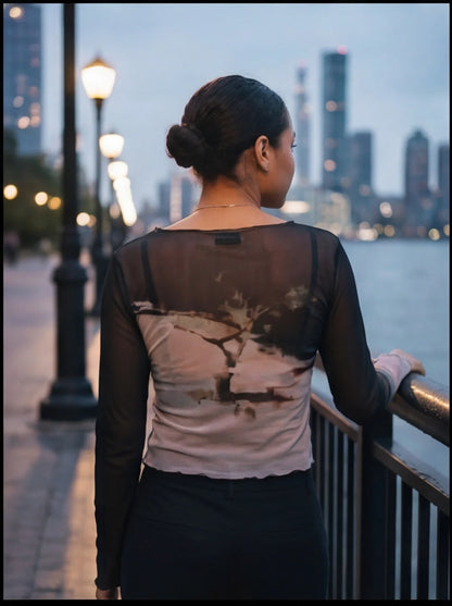 Abstract Print Black Mesh Long Sleeve Sheer Top