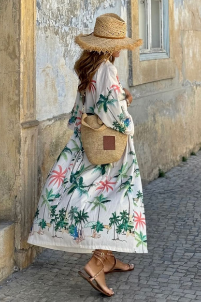 Holiday Leisure Coconut Tree Print Lace-up Loose Long Skirt