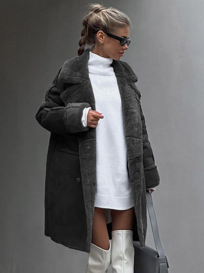 Winter Coat Lapel Plush Sleeves Solid Color Fall Winter Outerwear For Women
