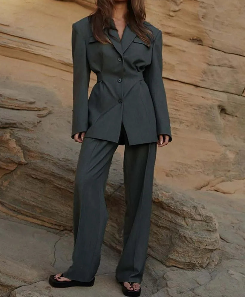 Gray Pockets Tunic Straight Trousers Office Two Piece Set