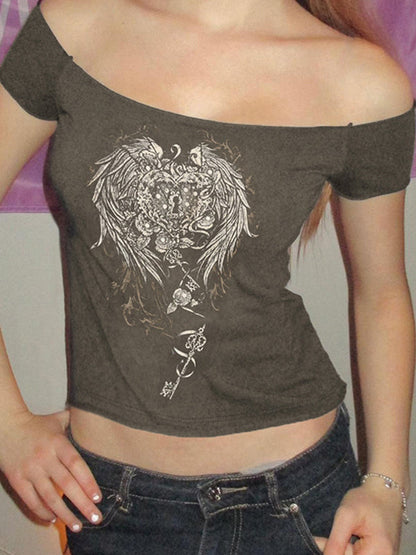 Gray Vintage Wing Print Short Sleeve Tee