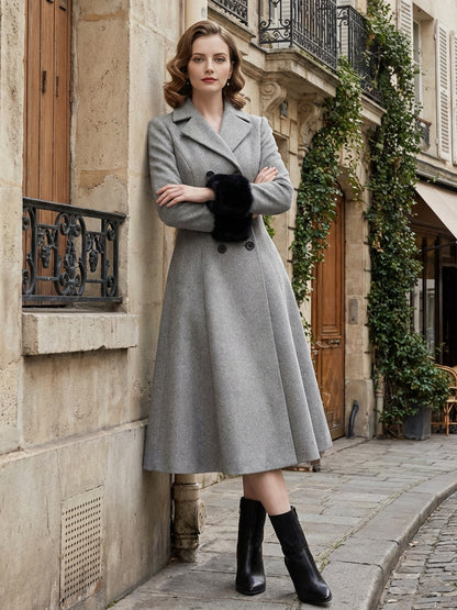 Wool Blend Double-breasted Midi Flared Coat with black Faux Fur Cuffs For Women 2026