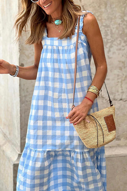 Strapless plaid stitching sleeveless dress with straps