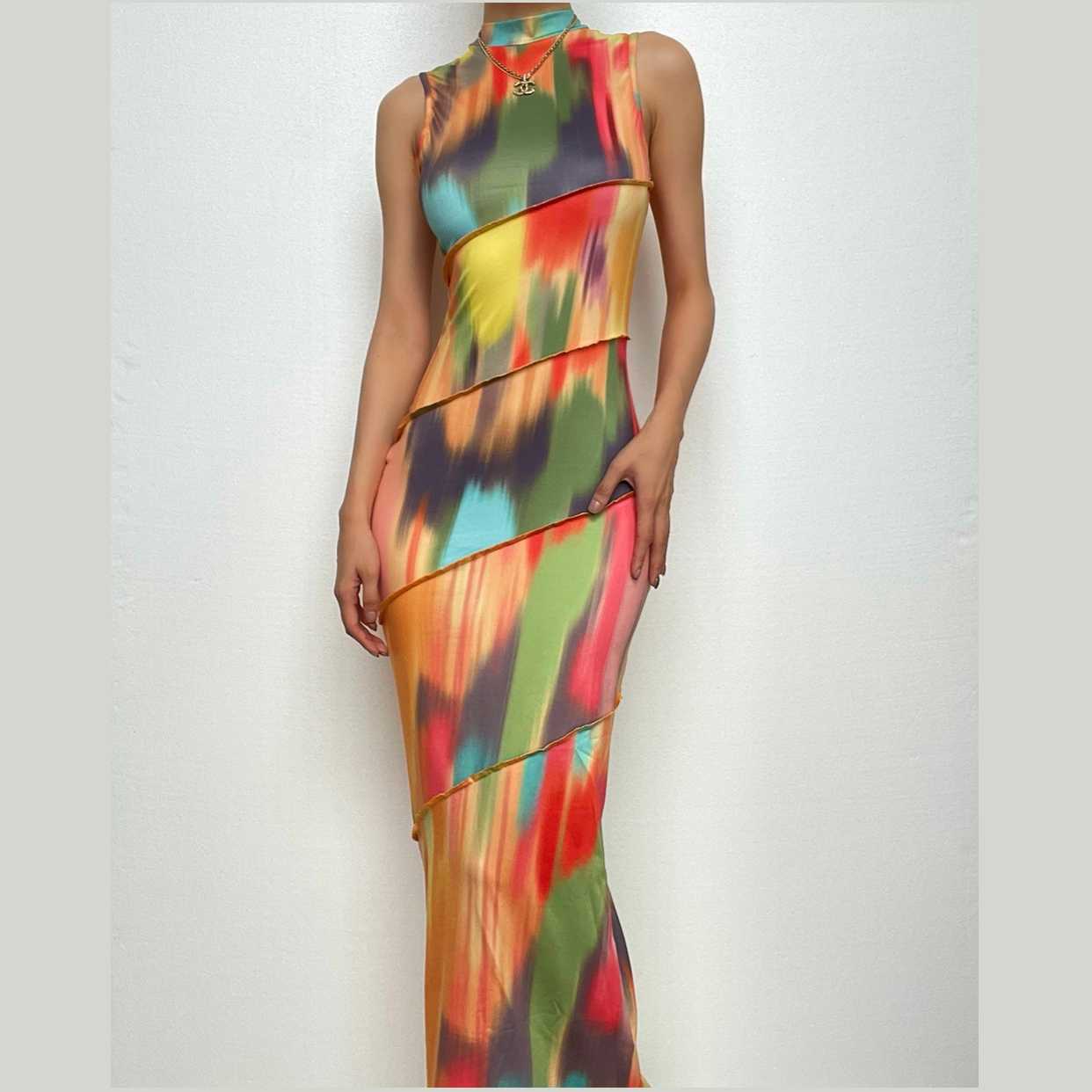 Stitch sleeveless contrast high neck maxi dress-final-sale