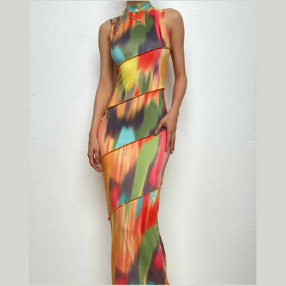Stitch sleeveless contrast high neck maxi dress-final-sale