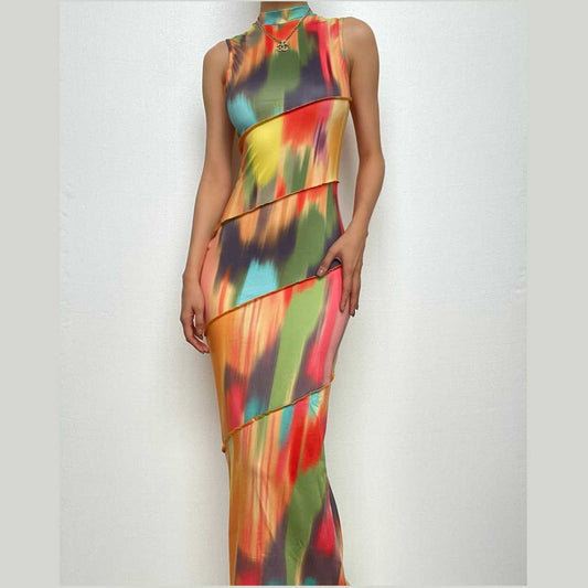 Stitch sleeveless contrast high neck maxi dress-final-sale