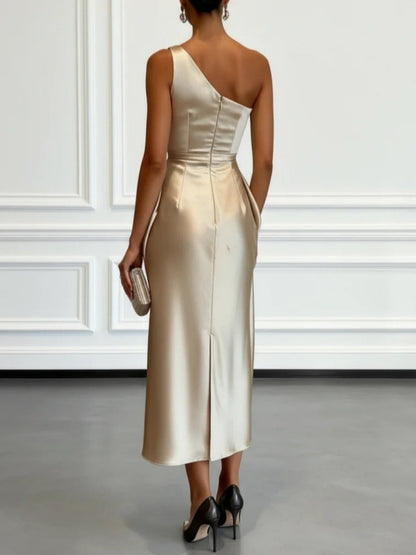 Satin Pleated One Shoulder Grace Formal Dress Maxi Dresses