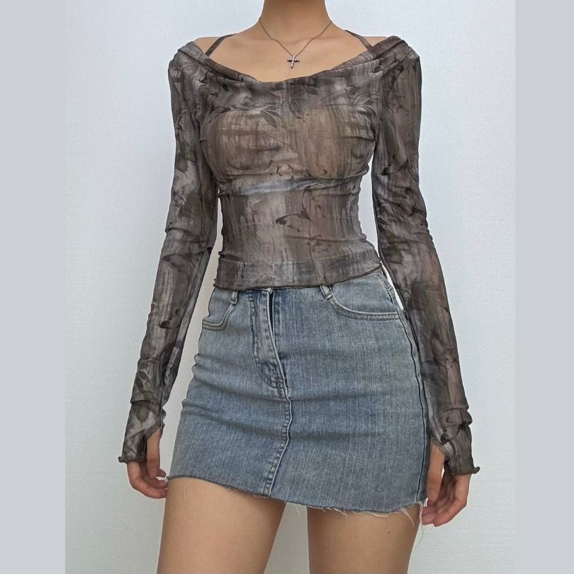 Long sleeve butterfly print mesh self tie top