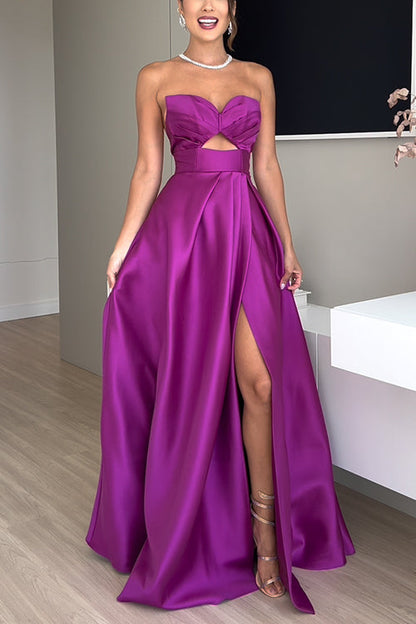 Strapless Lace-up High Slit Satin Maxi Party Dress