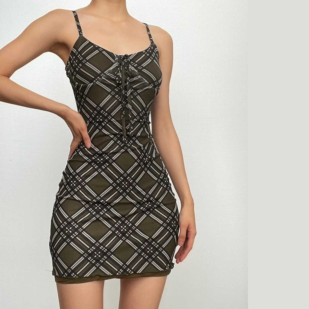 Plaid Lace-Up Front Spaghetti Strap Bodycon Cami Mini Dress