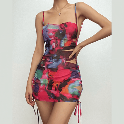 Hollow out flower print drawstring contrast cami cut out mini dress
