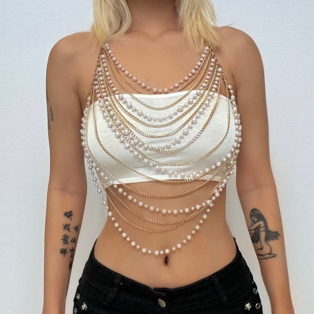 Halter metal chain beaded hollow out cut out top